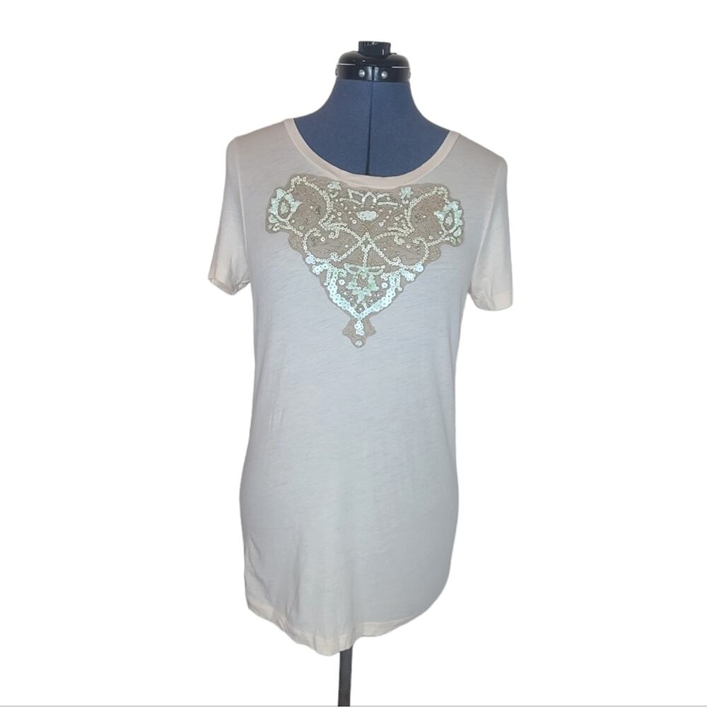 J. Crew short sleeve cream semi-sheer t-shirt sequin and lace graphic Large